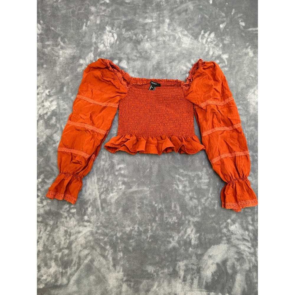 Forever 21 Rust Orange Smocked Puff Sleeve Lace Trim Crop Top Small